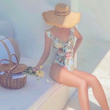 Load image into Gallery viewer, S-XL petite Laurel Mint Blue Swimsuit one-piece vintage chic blue w hints of mint + florals ferns & femme ruffles sophisticated chic V neck