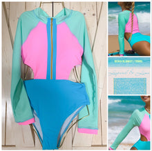 Load image into Gallery viewer, Sherbet Swim: 2 variations longsleeve rashguard or halter one-piece sleeveless swimsuit - both bright pastel pink blue aqua colorblock XS-XL