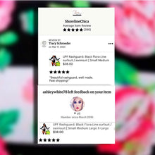 Load image into Gallery viewer, UPF Rashguard Black Flora-Line surfsuit / swimsuit Small Medium Large X-Large XXL black white stripe pink floral modest beautiful 2023