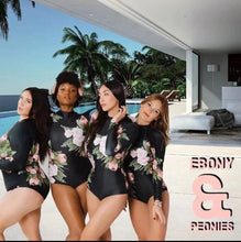Load image into Gallery viewer, Rashguard Ebony & Peony black one-piece swimsuit + pink white peony florals
