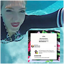 Load image into Gallery viewer, UPF Rashguard Black Flora-Line surfsuit / swimsuit Small Medium Large X-Large XXL black white stripe pink floral modest beautiful 2023