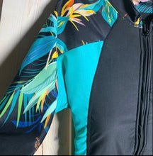 Load image into Gallery viewer, s-xxl DOLPHIN Swim - unhindered surfsuit / swimsuit UPF black springsuit / wetsuit + teal / turquoise palms longsleeve
