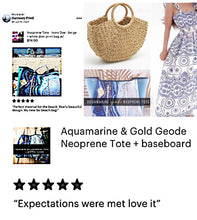 Load image into Gallery viewer, Aquamarine Geode Neoprene Tote bag blue navy turquoise white gold with baseboard pocket and zip pouch