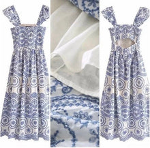 Load image into Gallery viewer, new smocked sundress Boho red green or blue Bluebonnet MAXI floral eyelet embroidery ruffled femme dress Spring Summer baby bridal birthday