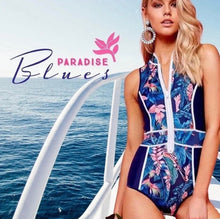 Load image into Gallery viewer, S-XXL new Paradise Blues halter rashguard UPF sleeveless swimsuit modest blue pink fully there swimwear