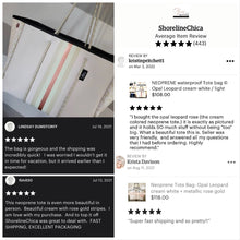 Load image into Gallery viewer, NEOPRENE Tote © Opal Leopard Rose 2.0 waterproof cream bag + metallic rose gold racing stripes > bridal baby shower birthday graduation gift