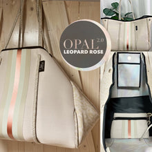 Load image into Gallery viewer, NWT © Amber Embers neoprene TOTE smooth honey blushed metallic bronze w/ auburn fawn deer sides + rouged amber lit & chocolate racing stripe