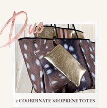 Load image into Gallery viewer, DUO 2-in-1 neoprene Tote Set Auburn Fawn brown deer + Amber Embers bronze + rouged amber + 4 pouches ( mom baby swim / his her honeymoon )