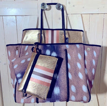 Load image into Gallery viewer, DUO 2-in-1 neoprene Tote Set Auburn Fawn brown deer + Amber Embers bronze + rouged amber + 4 pouches ( mom baby swim / his her honeymoon )