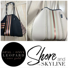 Load image into Gallery viewer, NEOPRENE Tote © Opal Leopard Rose 2.0 waterproof cream bag + metallic rose gold racing stripes > bridal baby shower birthday graduation gift