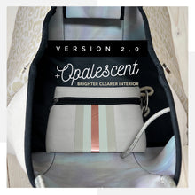 Load image into Gallery viewer, NEOPRENE Tote © Opal Leopard Rose 2.0 waterproof cream bag + metallic rose gold racing stripes > bridal baby shower birthday graduation gift