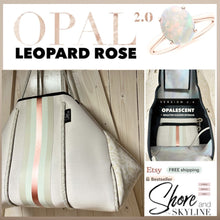 Load image into Gallery viewer, NWT © Amber Embers smooth blushed bronze lit metallic neoprene TOTE w auburn fawn snap sides + rouged amber & chocolate brown racing stripes