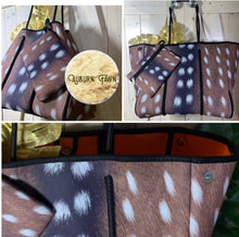 Load image into Gallery viewer, NWT © Amber Embers smooth blushed bronze lit metallic neoprene TOTE w auburn fawn snap sides + rouged amber & chocolate brown racing stripes