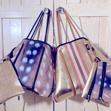 Load image into Gallery viewer, DUO 2-in-1 neoprene Tote Set Auburn Fawn brown deer + Amber Embers bronze + rouged amber + 4 pouches ( mom baby swim / his her honeymoon )