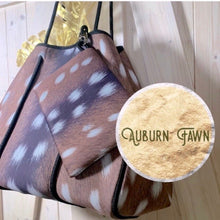 Load image into Gallery viewer, DUO 2-in-1 neoprene Tote Set Auburn Fawn brown deer + Amber Embers bronze + rouged amber + 4 pouches ( mom baby swim / his her honeymoon )