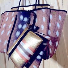 Load image into Gallery viewer, DUO 2-in-1 neoprene Tote Set Auburn Fawn brown deer + Amber Embers bronze + rouged amber + 4 pouches ( mom baby swim / his her honeymoon )