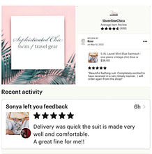 Load image into Gallery viewer, S-XL petite Laurel Mint Blue Swimsuit one-piece vintage chic blue w hints of mint + florals ferns & femme ruffles sophisticated chic V neck