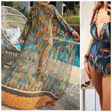 Load image into Gallery viewer, new Leopardess Swim Set one-piece swimsuit black teal leopard w polka shoulder ties + cover-up choice: resort-wrap / skirt / shorts