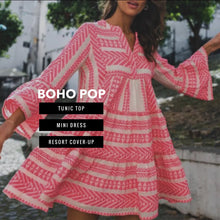 Load image into Gallery viewer, Boho Pop mini tunic beach dress cruise cover-up top white + bubble hot PINK or deep sea GREEN mod print S L 2XL women’s ladies 2023 Summer