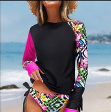 Load image into Gallery viewer, surf surfsuit surf crop surf-crop long-sleeve longsleeve rashguard swim swimsuit surf-suit two-piece 2 PC 2-PC two piece bikini swimming surfing snorkel snorkeling modest UPF 40 45 50 UV sun protect protective thumb holes kayak kayaking beach resort