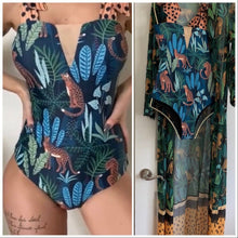 Load image into Gallery viewer, new Leopardess Swim Set one-piece swimsuit black teal leopard w polka shoulder ties + cover-up choice: resort-wrap / skirt / shorts