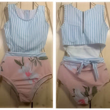 Load image into Gallery viewer, s-xxl Swimsuit Peachy Rose & Pinstripes Monokini small medium large xl xxl pink blue aqua white women feminine modest 2023 cruise swim beach