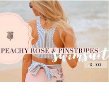 Load image into Gallery viewer, s-xxl Swimsuit Peachy Rose & Pinstripes Monokini small medium large xl xxl pink blue aqua white women feminine modest 2023 cruise swim beach