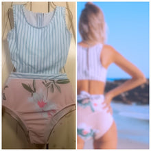 Load image into Gallery viewer, s-xxl Swimsuit Peachy Rose & Pinstripes Monokini small medium large xl xxl pink blue aqua white women feminine modest 2022 Summer swim beach