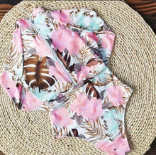Load image into Gallery viewer, UPF Rashguard Pink Hibiscus - Aqua Palms surfsuit swimsuit (S-XL) white pink peach aqua mint beach pool surf swim women feminine modest