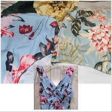 Load image into Gallery viewer, S-XL petite Laurel Mint Blue Swimsuit one-piece vintage chic blue w hints of mint + florals ferns & femme ruffles sophisticated chic V neck
