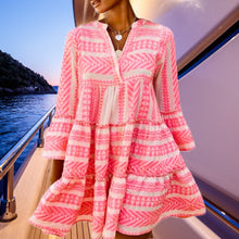 Load image into Gallery viewer, Boho Pop mini tunic beach dress cruise cover-up top white + sea-green or bubble hot pink print S L 2XL women’s ladies 2023 Summer