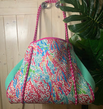 Load image into Gallery viewer, new Pink Coral Reef Neoprene Tote waterproof bag hot pink paracords & interior + aqua turquoise sides w baseboard rain snow shore 2023