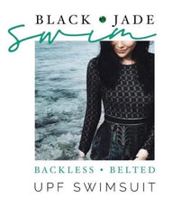 Load image into Gallery viewer, new UPF Black • Jade longsleeve swimsuit S-XL or one-shoulder one piece Emerald • Mist - sz L green gold geometrics modest edgy unique