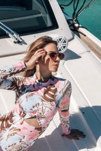 Load image into Gallery viewer, UPF Rashguard Pink Hibiscus - Aqua Palms surfsuit swimsuit (S-XL) white pink peach aqua mint beach pool surf swim women feminine modest