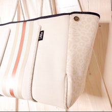 Load image into Gallery viewer, NEOPRENE Tote © Opal Leopard Rose 2.0 waterproof cream bag + metallic rose gold racing stripes > bridal baby shower birthday graduation gift