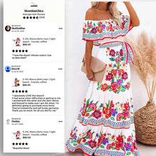 Load image into Gallery viewer, Blanca Boho beach maxi + form flattering twist on tradition with smooth floral print light travel quince wedding shower airy photography