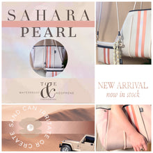 Load image into Gallery viewer, Neoprene Tote © OPAL LEOPARD ROSE smooth cream waterproof bag + metallic rose gold racing stripes Best Seller wipeable light birthday shower