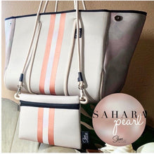 Load image into Gallery viewer, NWT © Onyx Leopard 2.0 black neoprene Tote w/ dark leopard & taupe sides + metallic gold and rose-gold racing stripes - bright gold lining