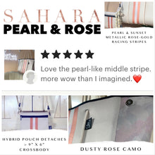 Load image into Gallery viewer, NWT © Amber Embers neoprene TOTE smooth honey blushed metallic bronze w/ auburn fawn deer sides + rouged amber lit & chocolate racing stripe