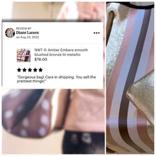 Load image into Gallery viewer, NWT © Amber Embers neoprene TOTE smooth honey blushed metallic bronze w/ auburn fawn deer sides + rouged amber lit & chocolate racing stripe