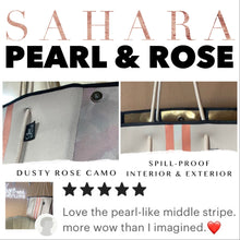 Load image into Gallery viewer, NWT © Amber Embers smooth blushed bronze lit metallic neoprene TOTE w auburn fawn snap sides + rouged amber & chocolate brown racing stripes