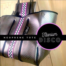 Load image into Gallery viewer, new Neoprene Tote Titanium Disco metallic silver waterproof bag + black white racing checks w pink border + variations - Pink Racer purse