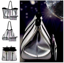 Load image into Gallery viewer, new Neoprene Tote Titanium Disco metallic silver waterproof bag + black white racing checks w pink border + variations - Pink Racer purse