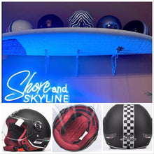 Load image into Gallery viewer, NWT Helmet - His & Her M-XL Prix Black Racer / Aqua Blossom / Vintage Red Camel - DOT certified motorcycle Vespa riding helmets + visor