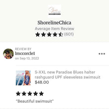 Load image into Gallery viewer, S-XXL new Paradise Blues halter rashguard UPF sleeveless swimsuit modest blue pink fully there swimwear