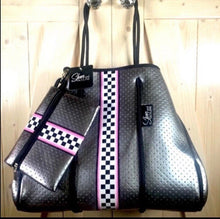 Load image into Gallery viewer, new Neoprene Tote Titanium Disco metallic silver waterproof bag + black white racing checks w pink border + variations - Pink Racer purse