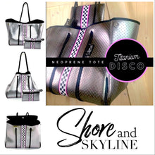 Load image into Gallery viewer, new Neoprene Tote Titanium Disco metallic silver waterproof bag + black white racing checks w pink border + variations - Pink Racer purse