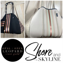 Load image into Gallery viewer, Neoprene Tote © OPAL LEOPARD ROSE smooth cream waterproof bag + metallic rose gold racing stripes Best Seller wipeable light birthday shower