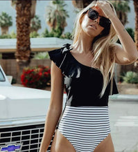Load image into Gallery viewer, new Lateral Lace swimsuit - multiple selections black stripe / white polka dot / one-shoulder / two-shoulder S M L XL