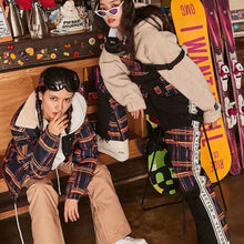 Load image into Gallery viewer, NWT ski snow bib black snowboarding overalls crackling fire vector plaid waterproof adjustable
